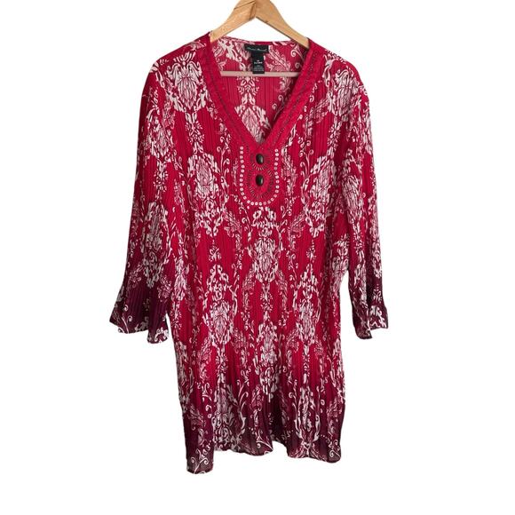 Maggie Barnes‎ Women Top 3X Red Damask Print Crinkle Beaded Dressy Mature Office - Picture 3 of 10